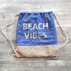Beach vibes blue denim & jute drawstring backpack